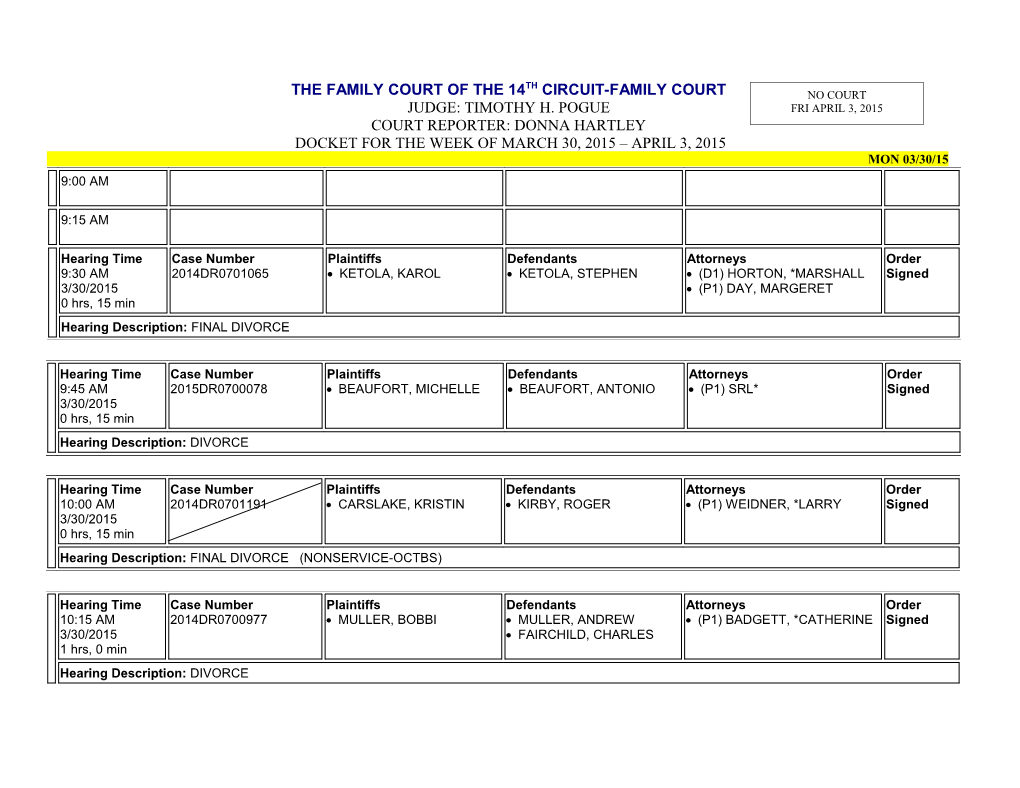 Docket for the Week of March 30, 2015 April 3, 2015