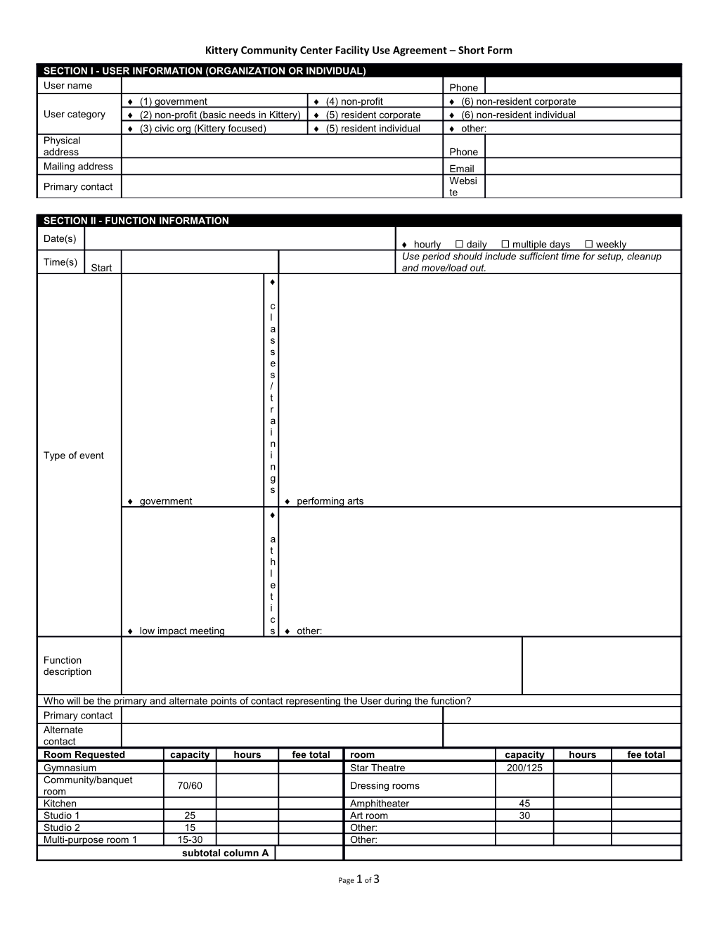 Kittery Community Center Facility Use Agreement Short Form