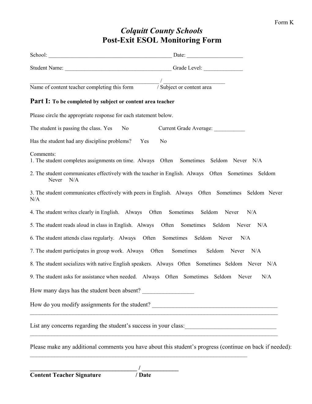 Sample MS & HS Monitoring Form for Exited ESOL Students