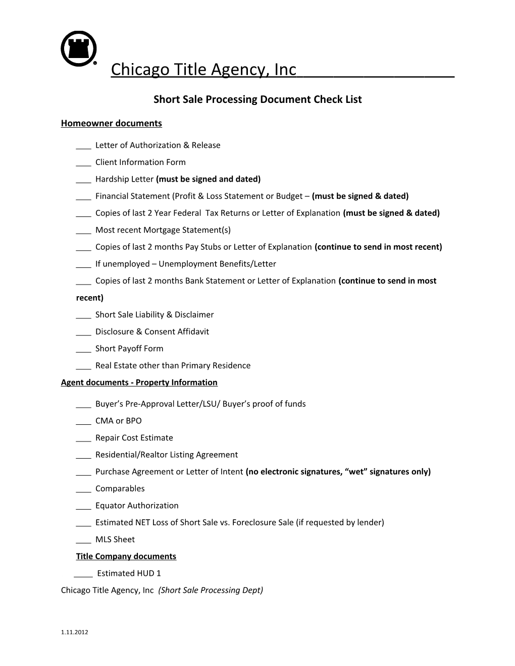 Short Sale Processing Document Check List