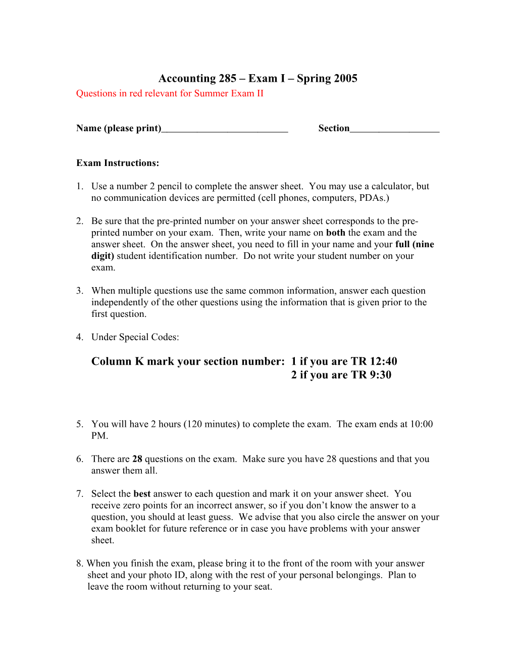 Accounting 285 Exam I Spring 2005