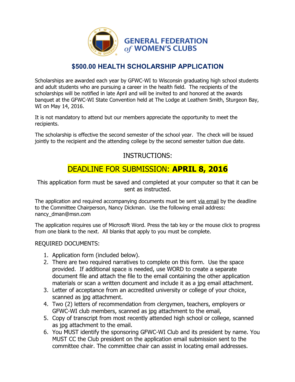$500.00 Health Scholarship Application