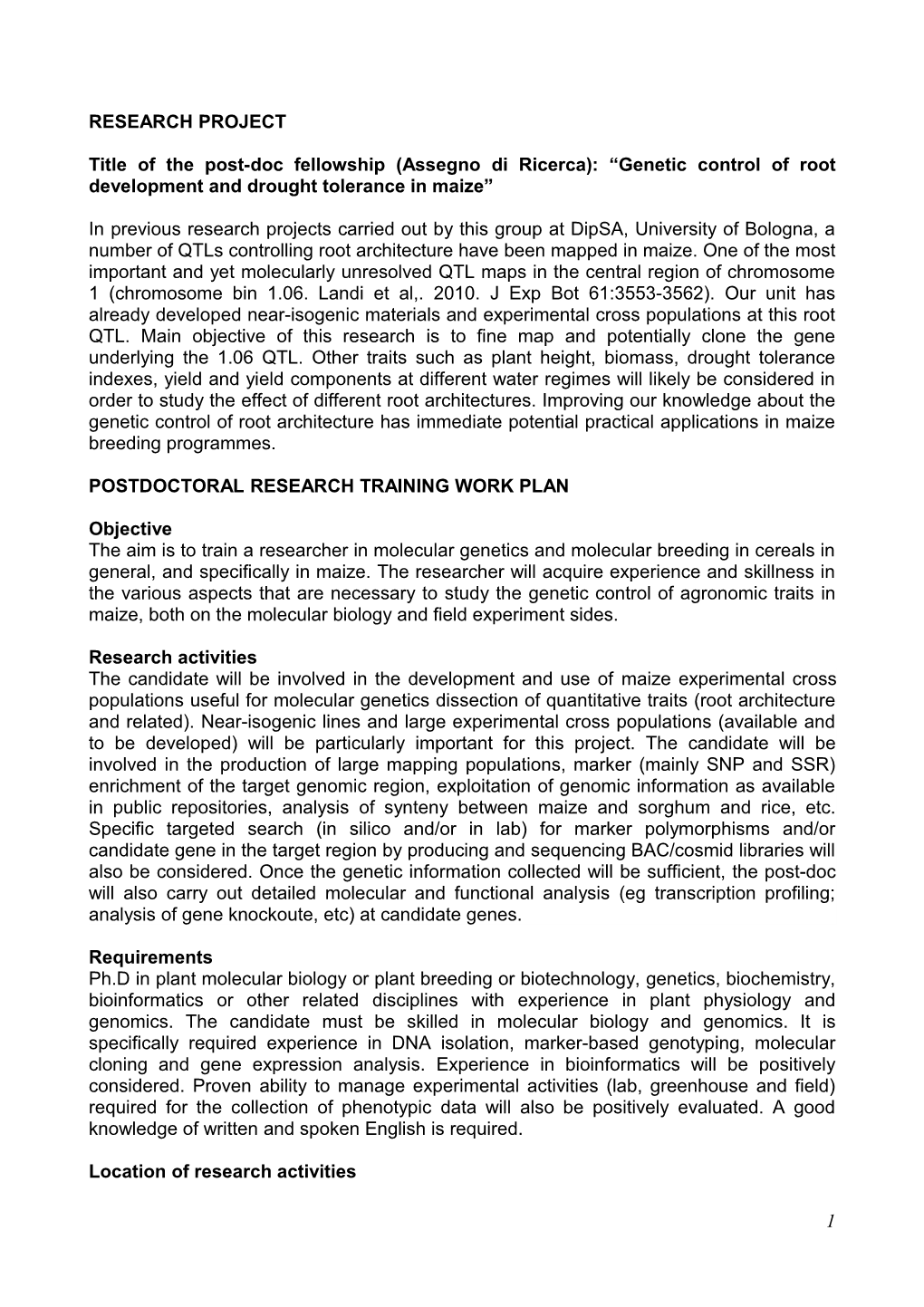 Postdoctoral Research Training Work Plan