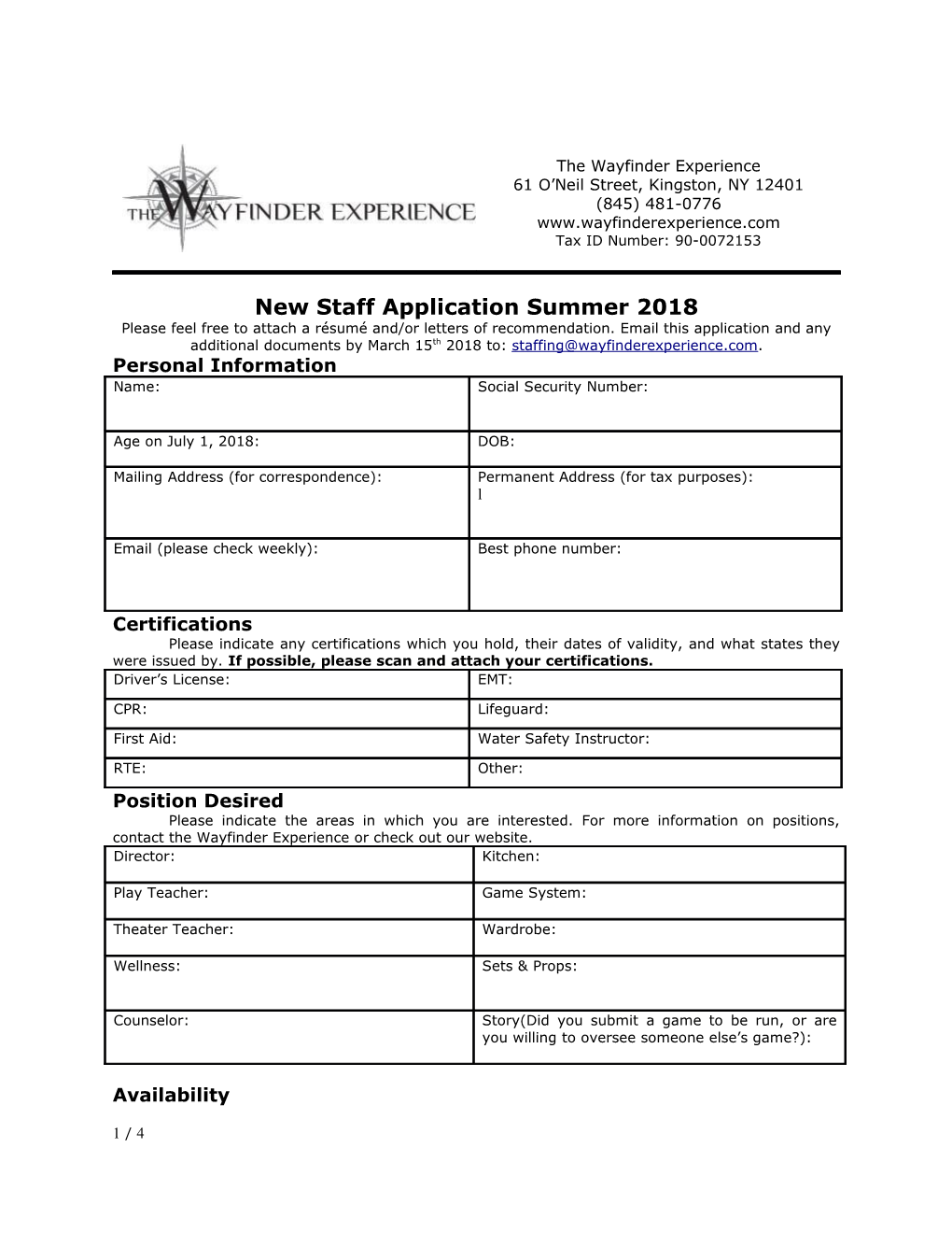 New Staff Application Summer 2018