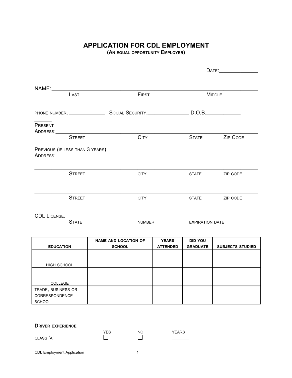 Application for Cdl Employment