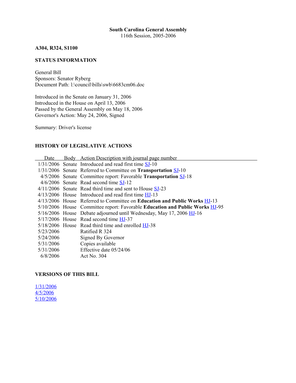 2005-2006 Bill 1100: Driver's License - South Carolina Legislature Online