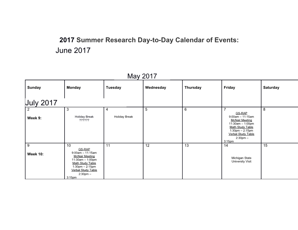 2017 Summer Research Day-To-Day Calendar of Events