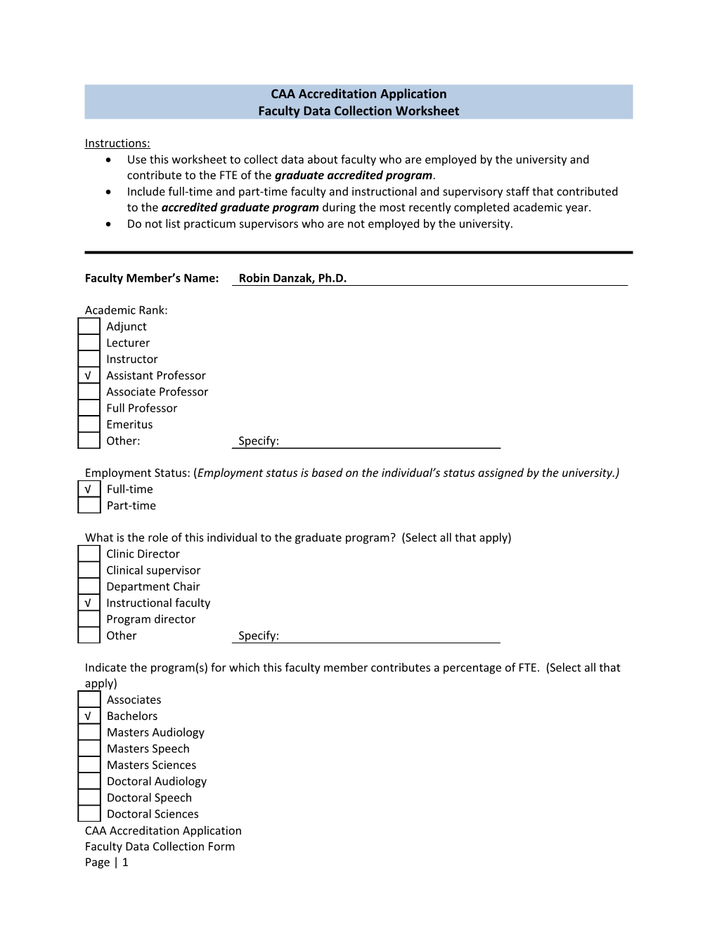 CAA Accreditation Application: Faculty Data Collection Worksheet