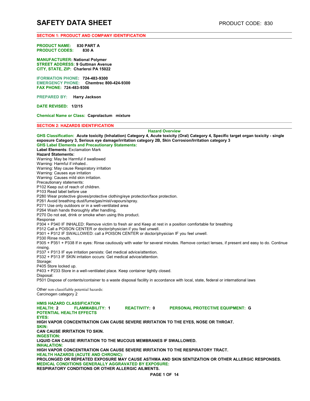 Material Safety Data Sheet Page 1 of X s3