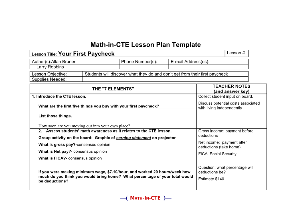 Math-In-CTE Lesson Plan Template
