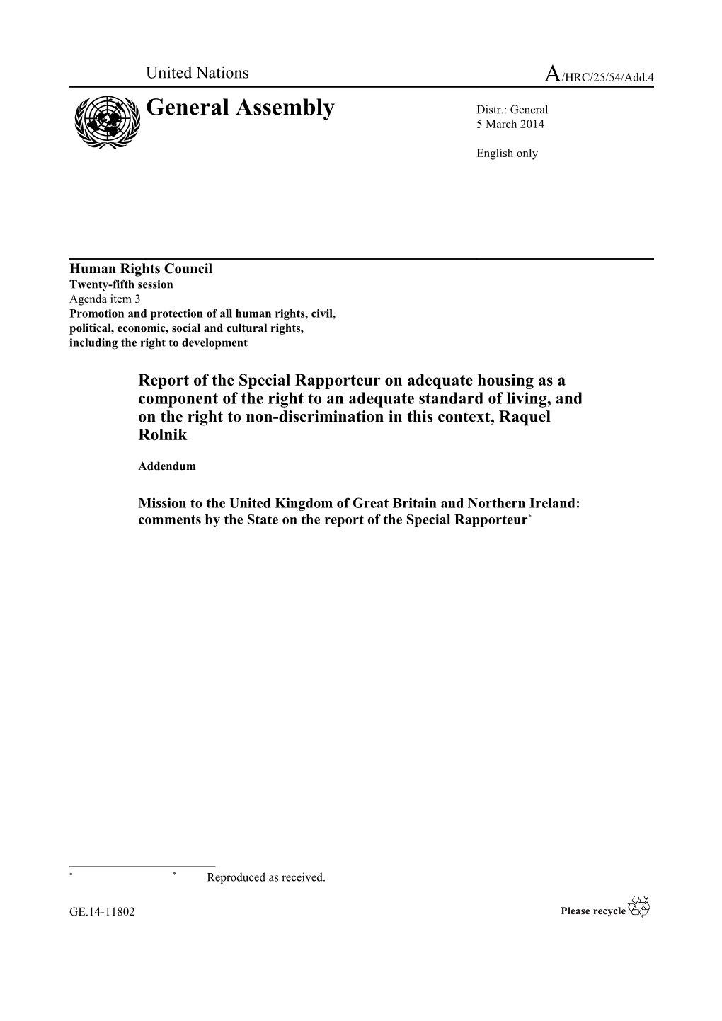 Report Of The Special Rapporteur On The Situation Of Human Rights Defenders - Mission To United Kingdom Of Great Britain And Northern Ireland In English