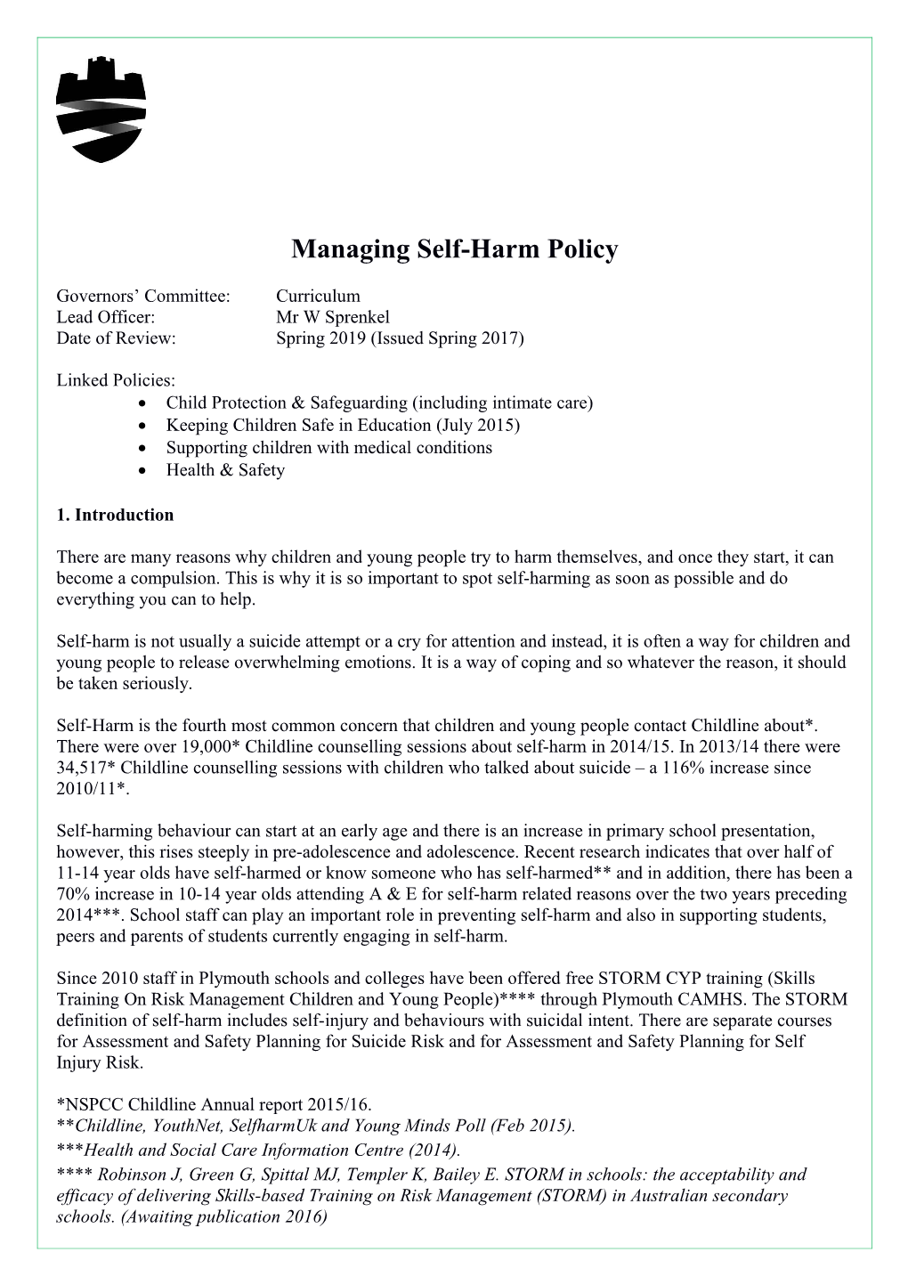 Managing Self-Harm Policy