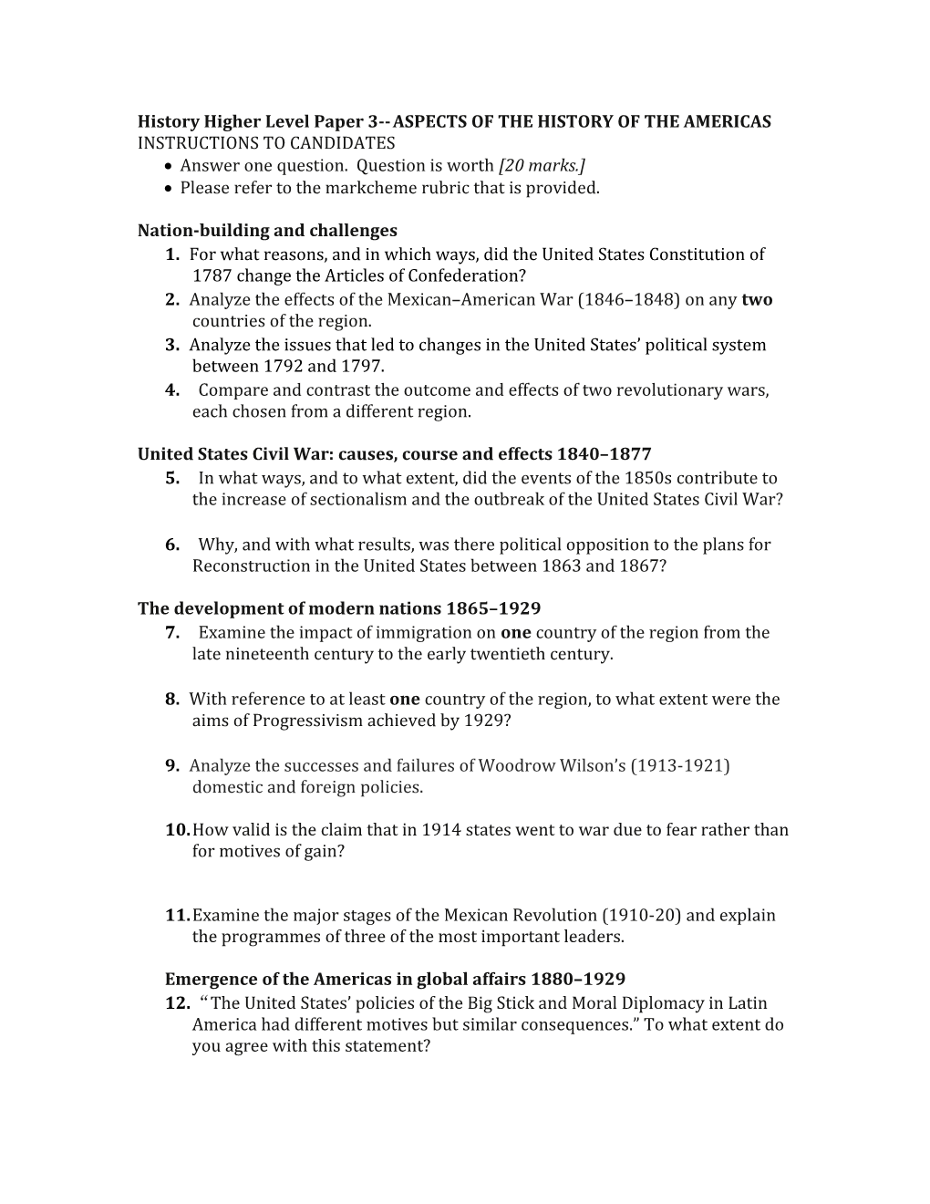 History Higher Level Paper 3 ASPECTS of the HISTORY of the AMERICAS