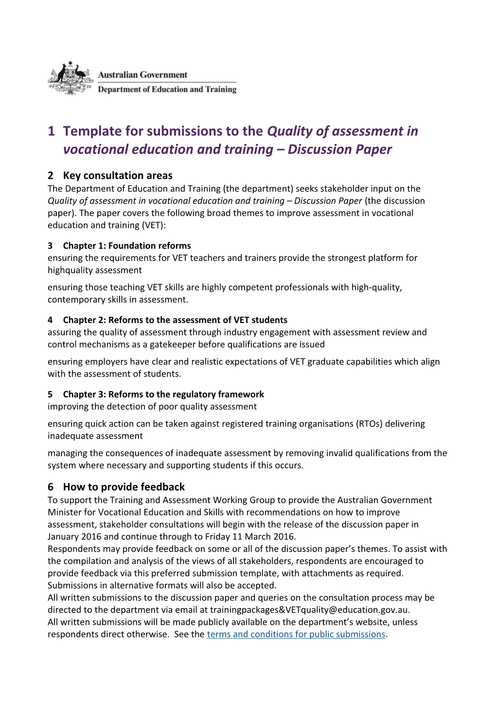 Template for Submissions to the Quality of Assessment in Vocational Education and Training