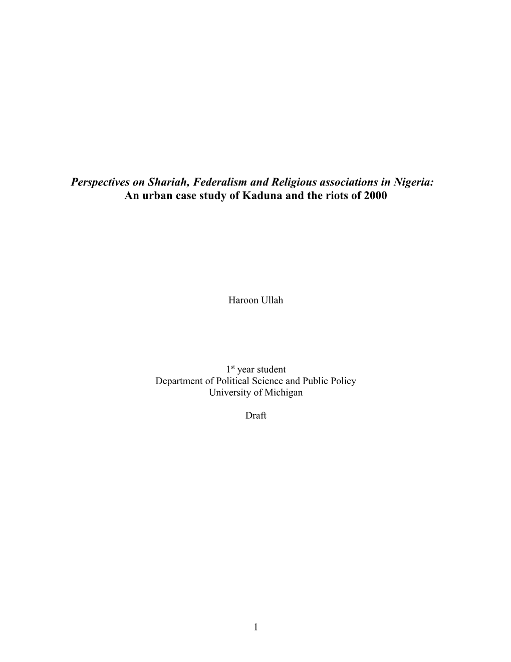Nigeria IS Outline: Urban Case Study Of Kaduna, Nigeria