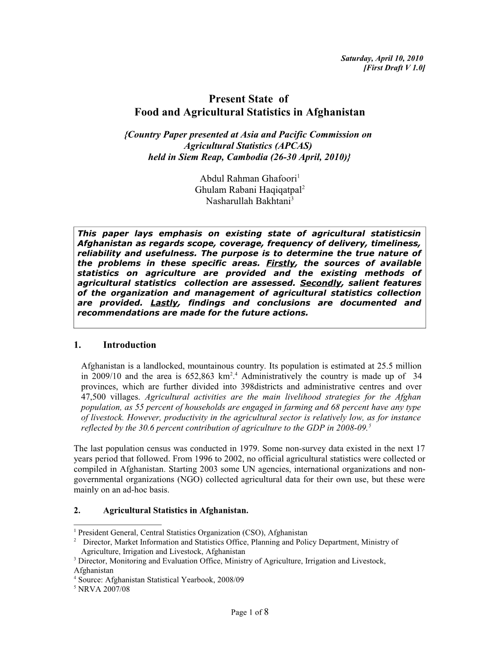 A Review Of The Existing System Of Agricultural Statistics In Afghanistan