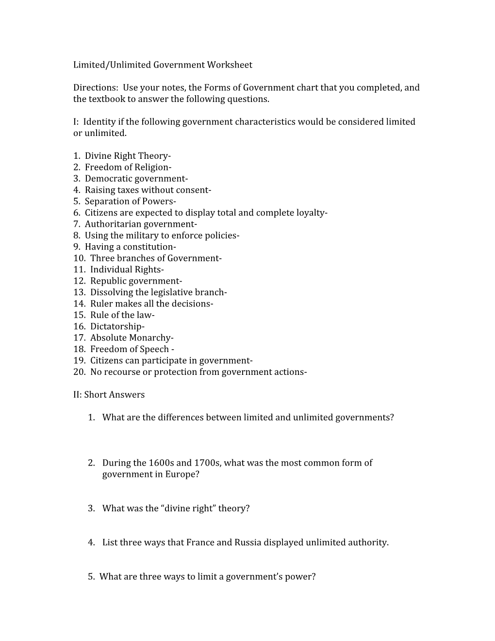 Limited/Unlimited Government Worksheet