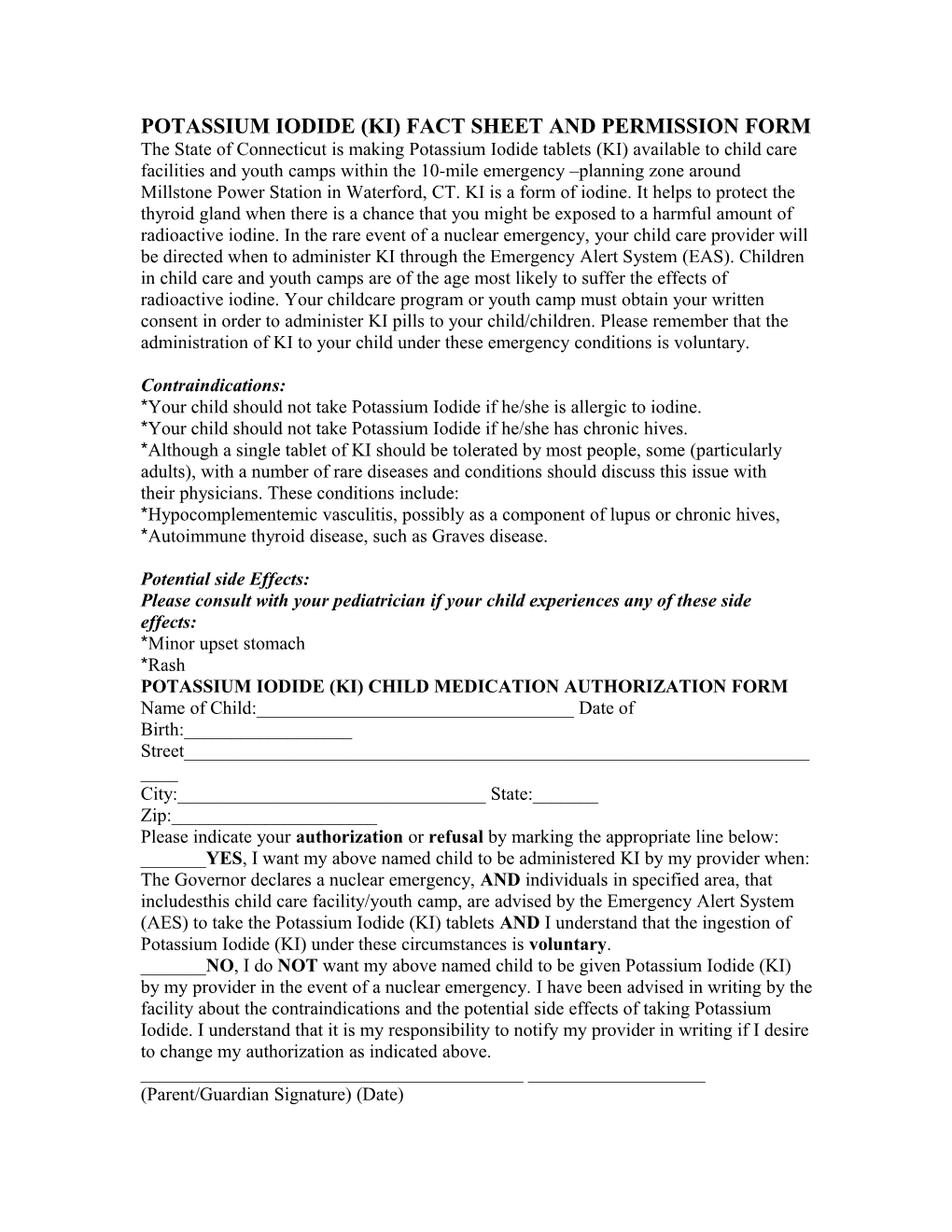 Potassium Iodide (Ki) Fact Sheet and Permission Form