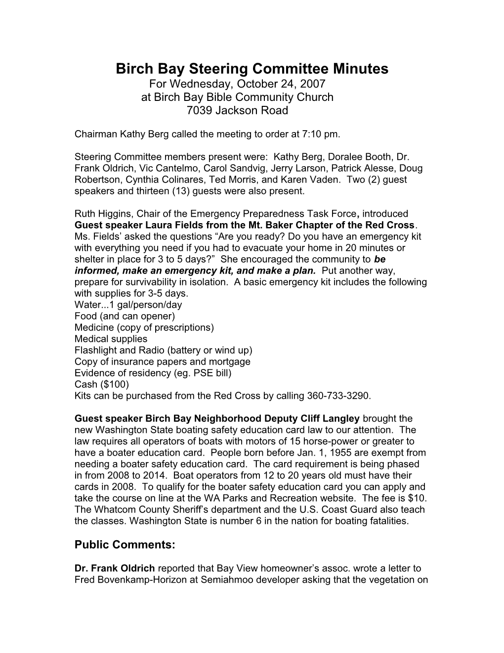 Birch Bay Steering Committee Minutes