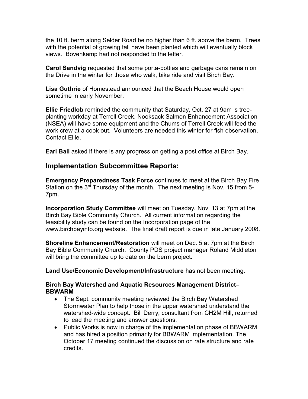 Birch Bay Steering Committee Minutes