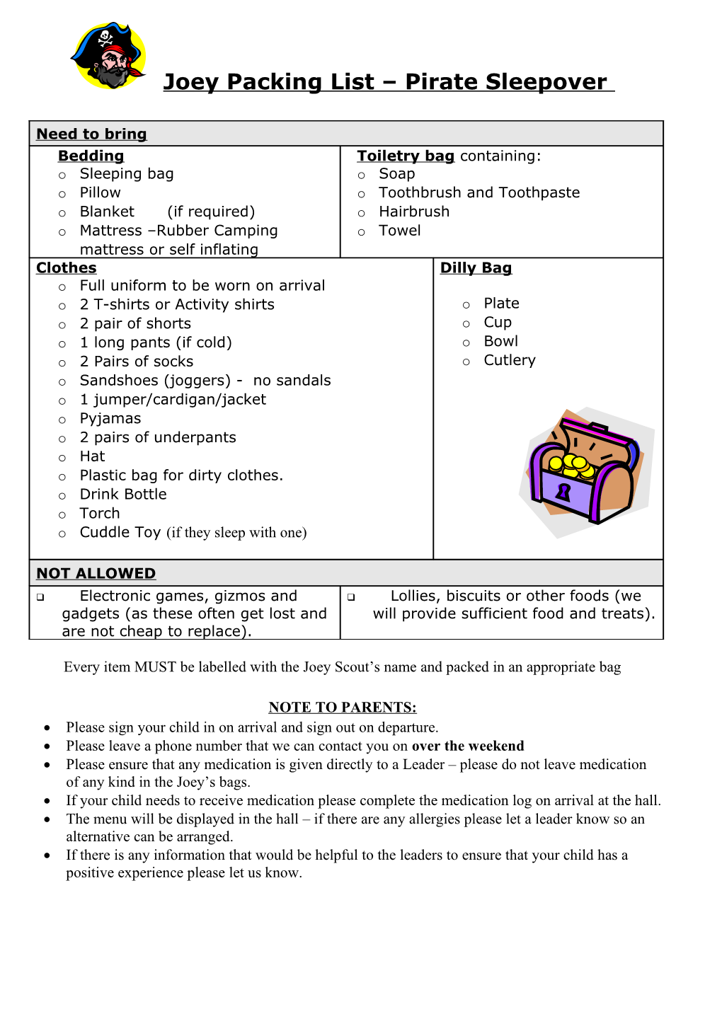 Joey Packing List Pirate Sleepover