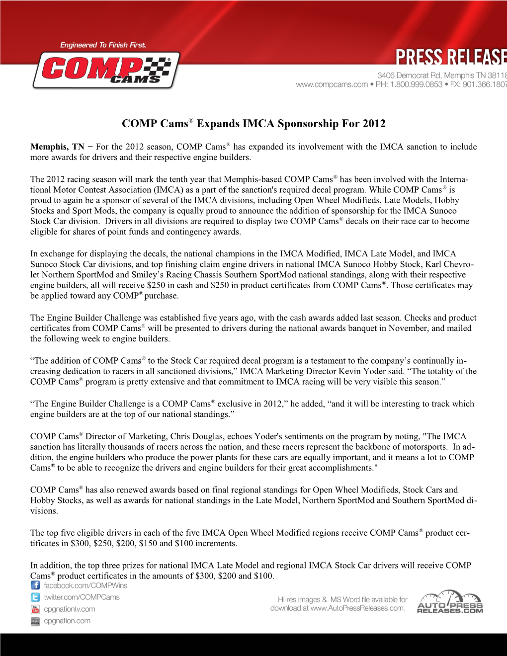 COMP Cams Expands IMCA Sponsorship for 2012