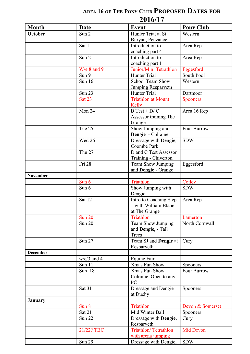 Area 16 Proposed Dates For 2006/7