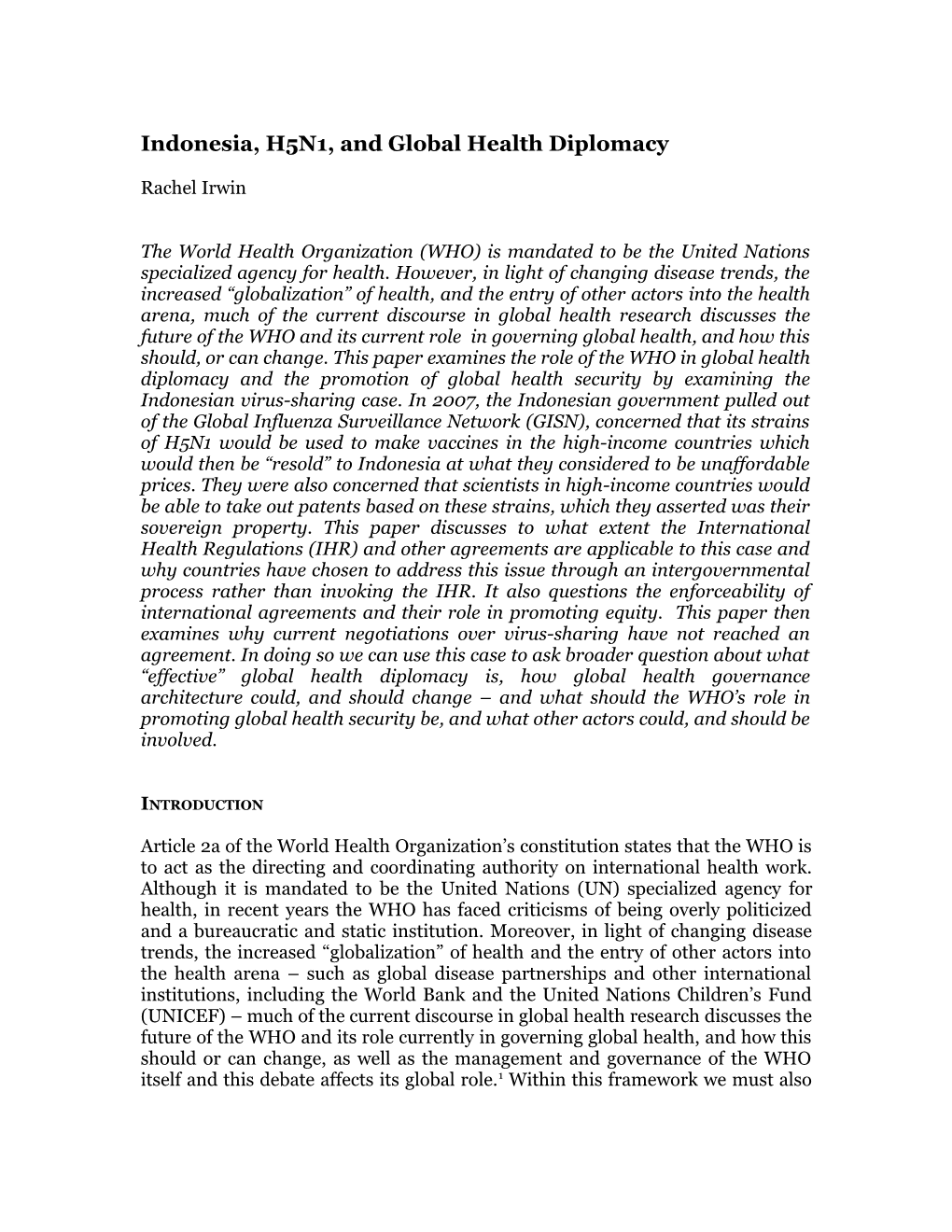 Indonesia, H5N1, and Global Health Diplomacy
