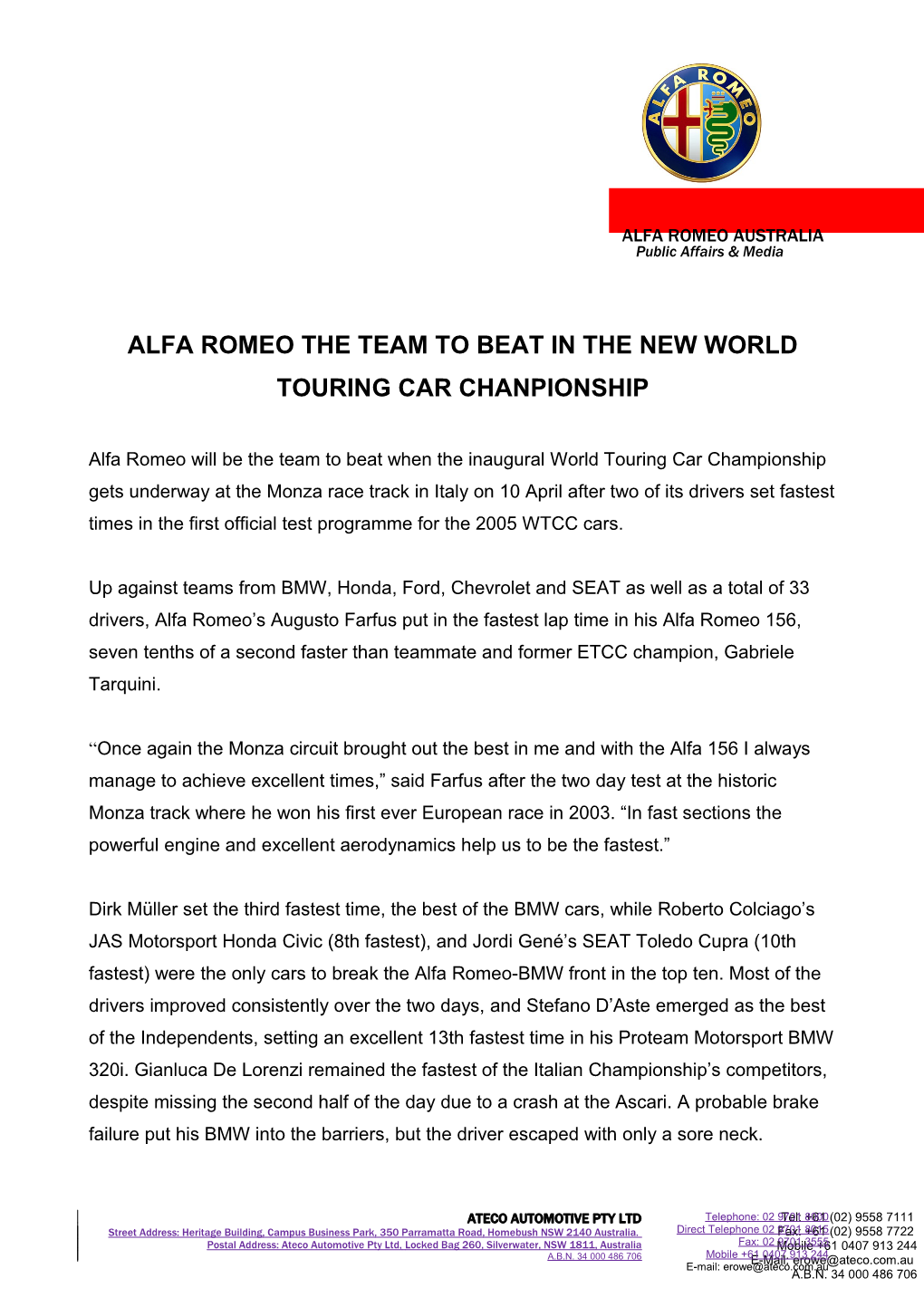 Alfa Romeo the Team to Beat in the New World Touring Car Chanpionship