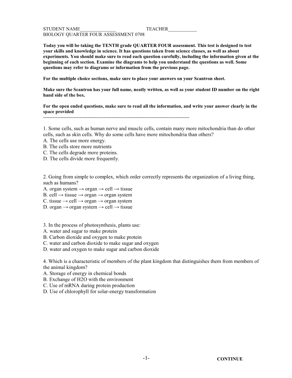 Science Tentth Grade Assessment Q4 0708