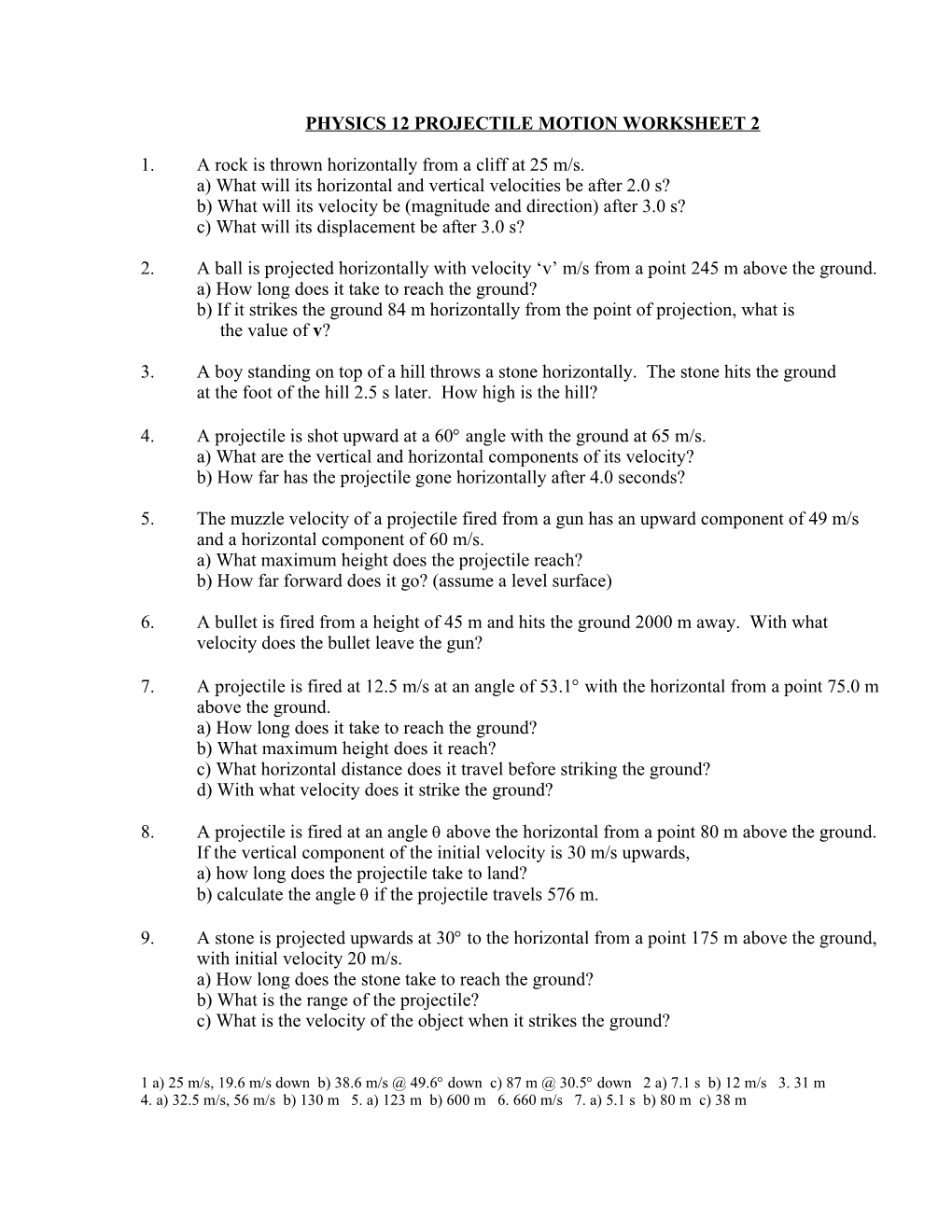 Physics 12 Projectile Motion Worksheet 2