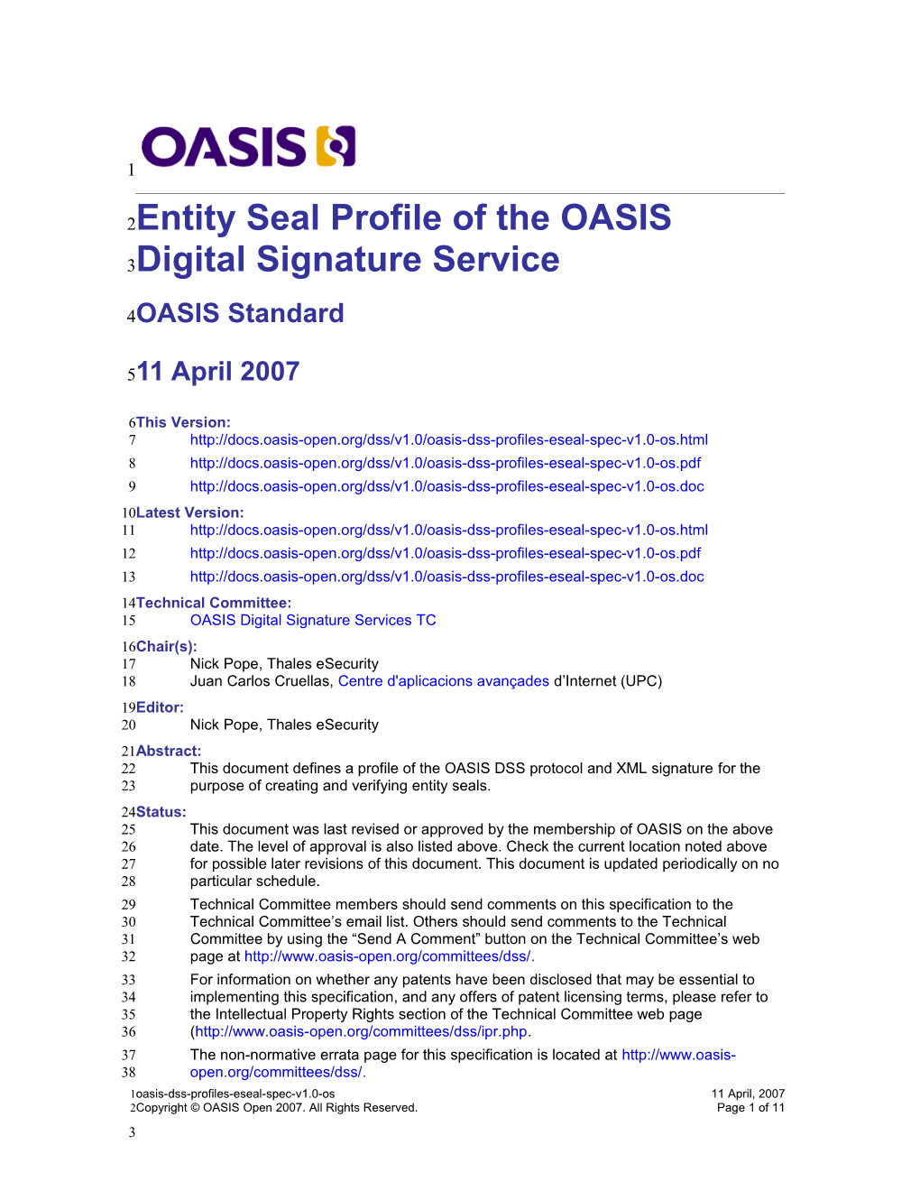 Entity Seal Profile of the OASIS Digital Signature Service