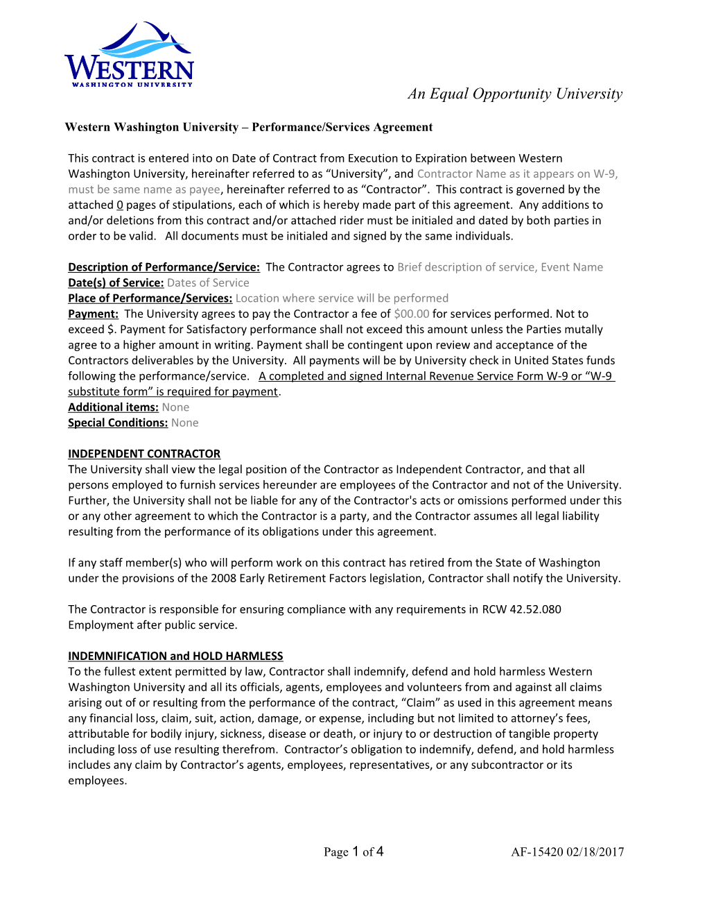 Western Washington University Performance/Services Agreement