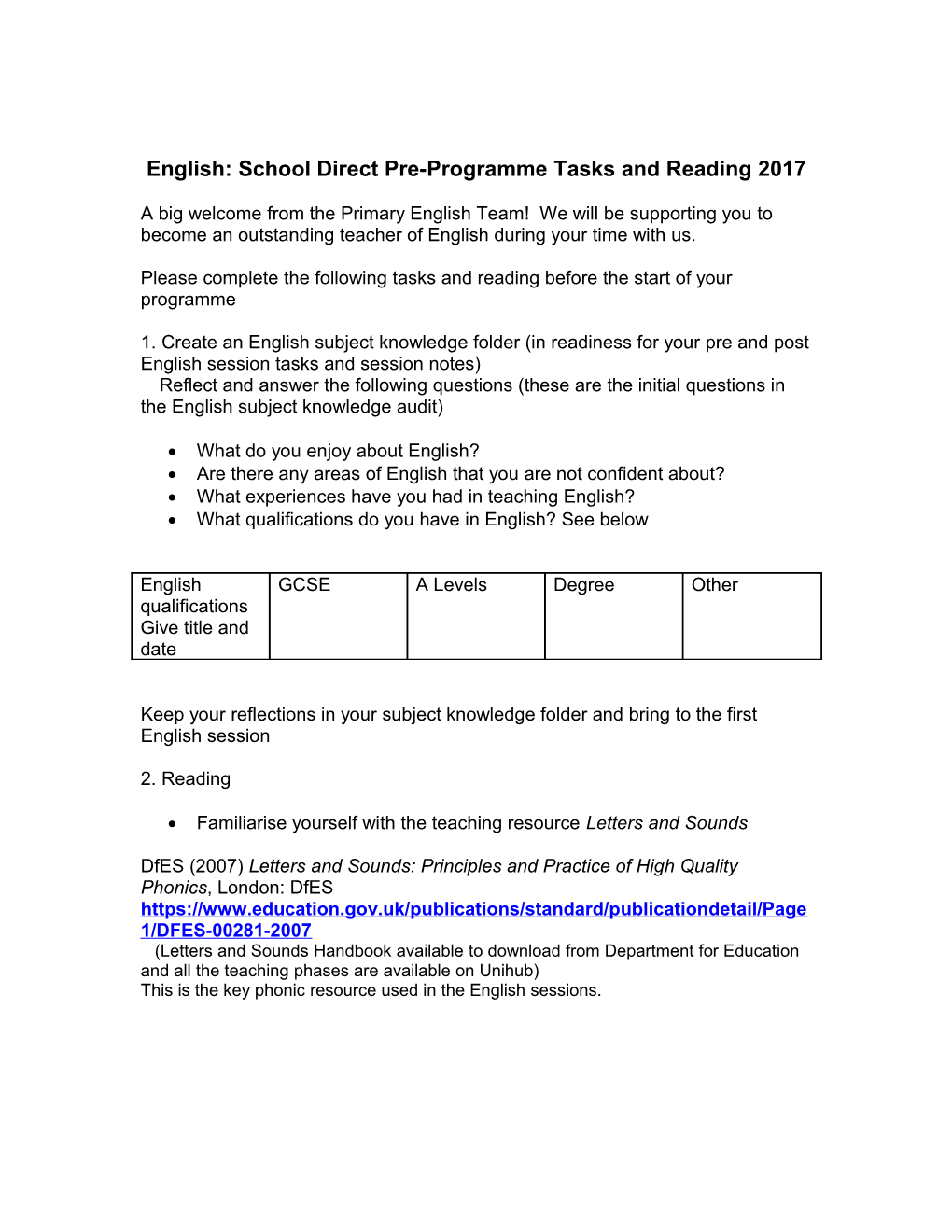 English: School Direct Pre-Programme Tasks and Reading 2017