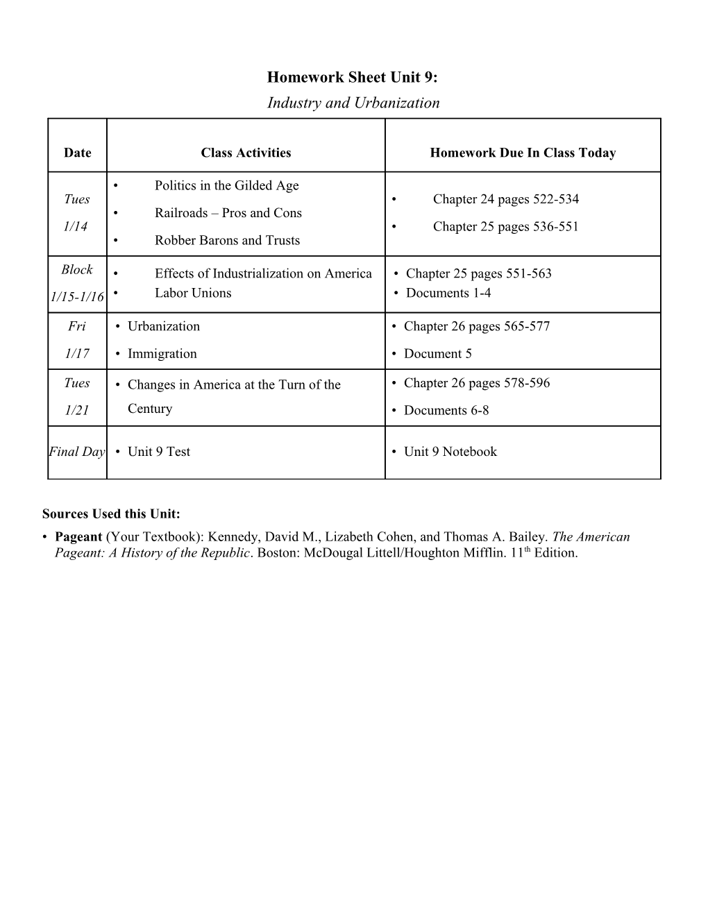 Homework Sheet Unit 9