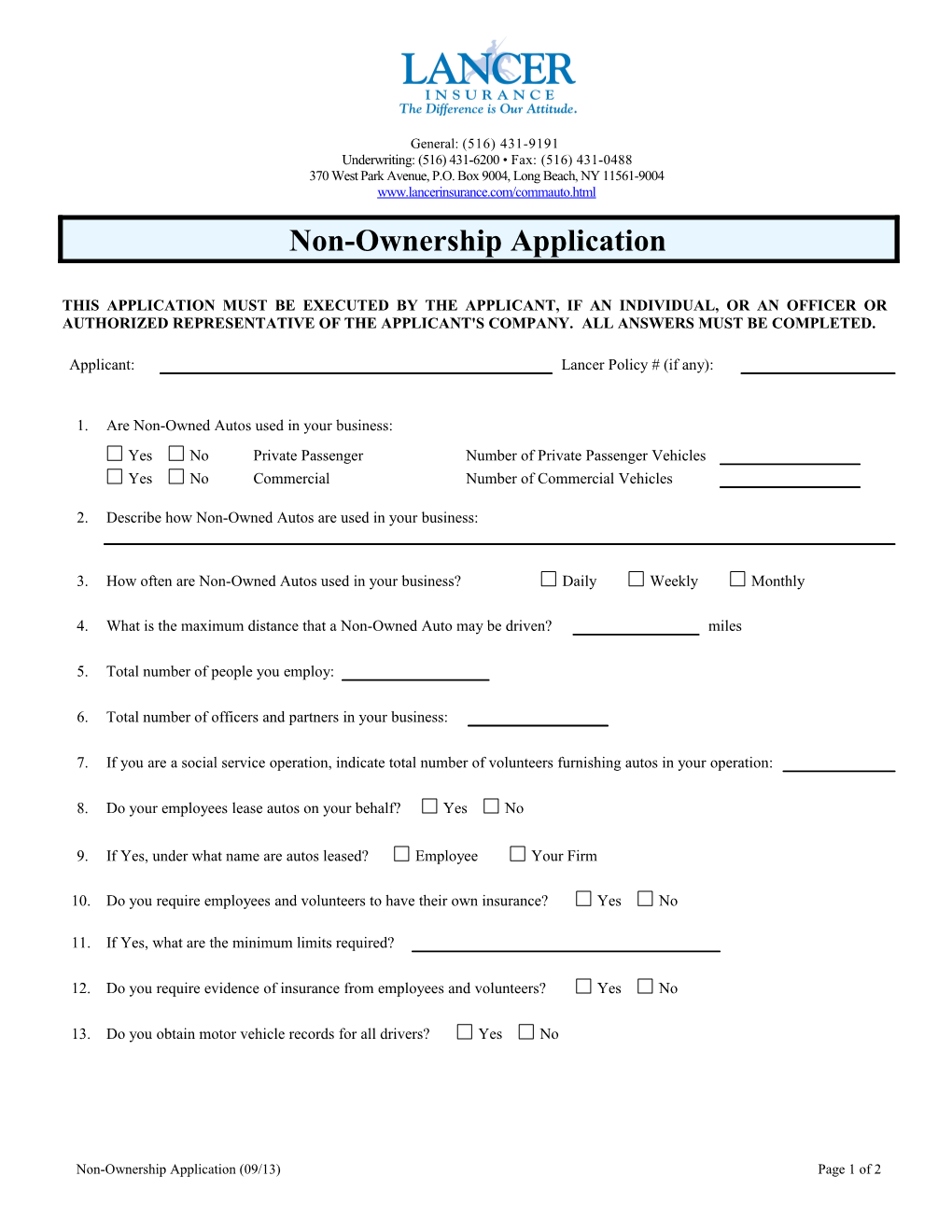 Non-Owned Auto Questionnaire