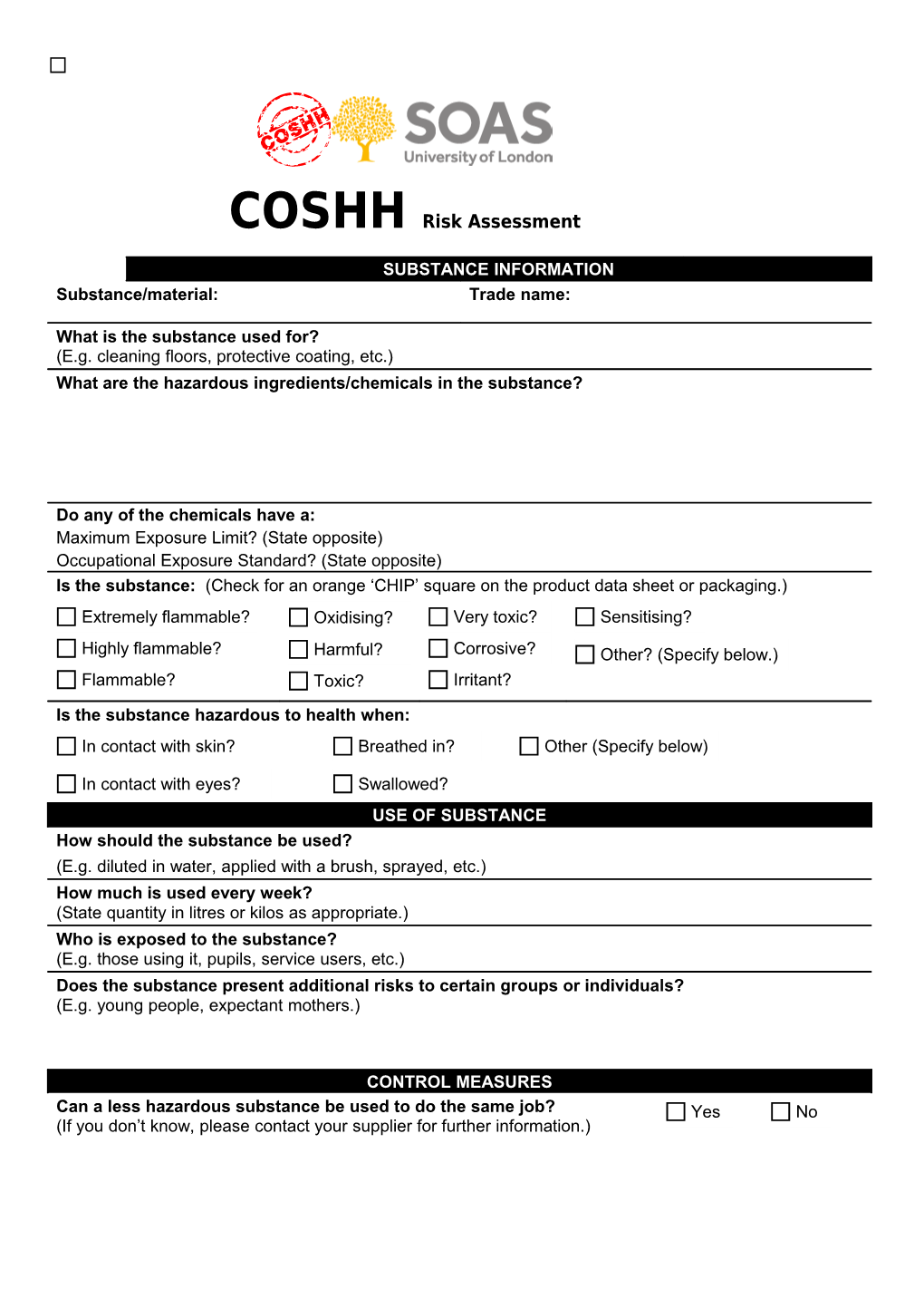 Risk Assessment Form - COSHH