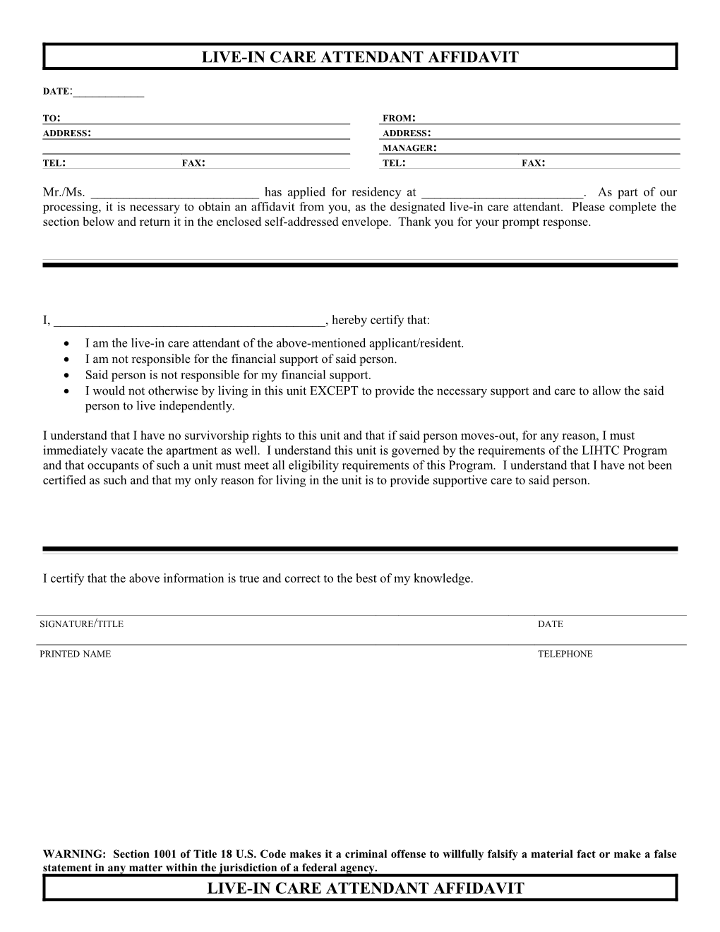 Live-In Care Attendant Affidavit