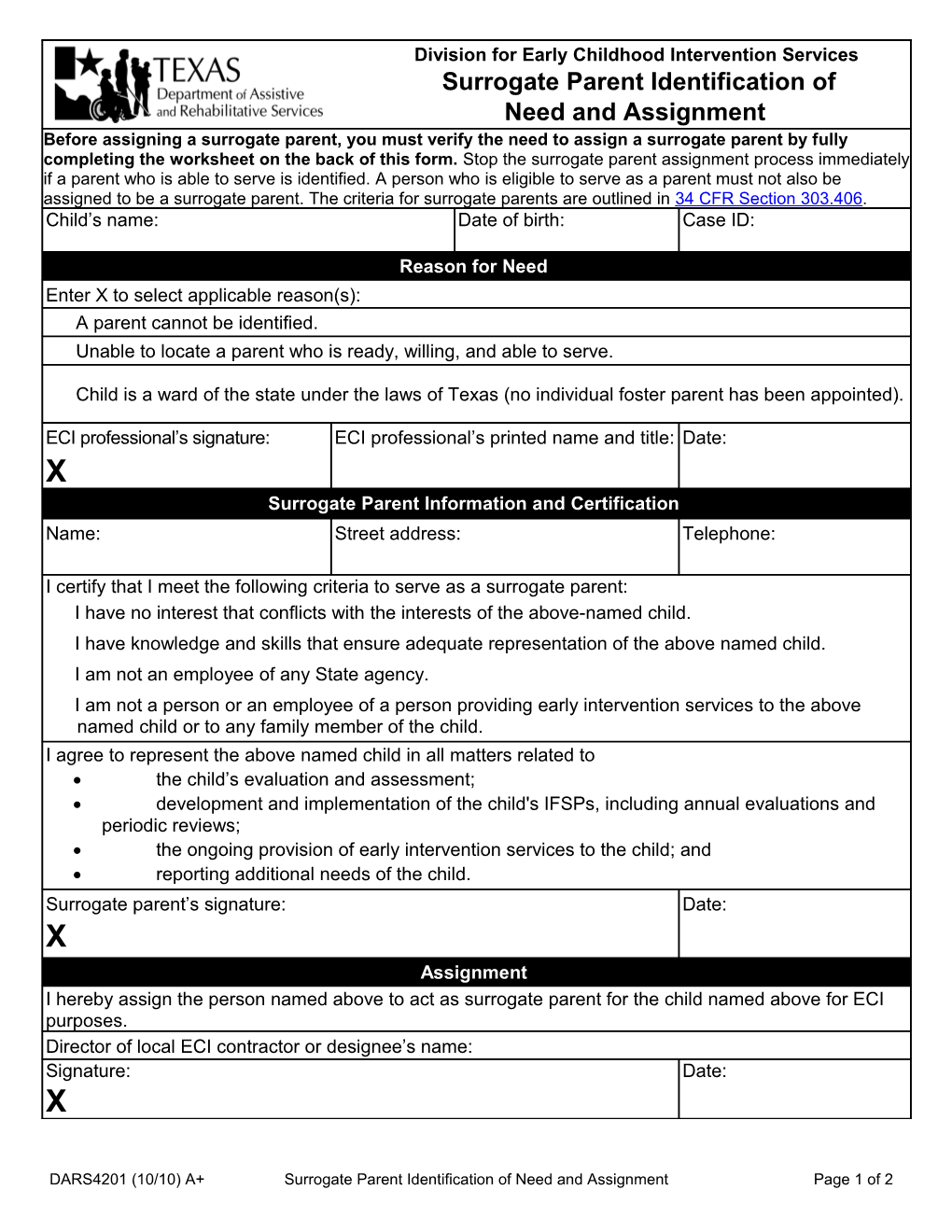 DARS4201 (10/10) A+ Surrogate Parent Identification of Need and Assignment Page 2 of 2