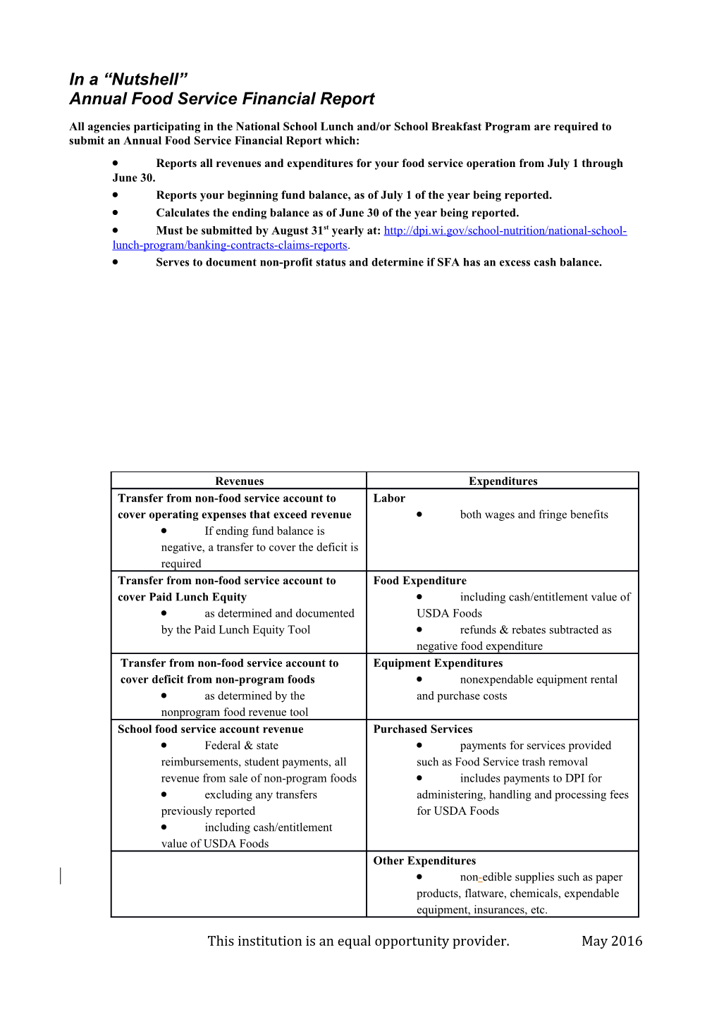 Annual Food Service Financial Report