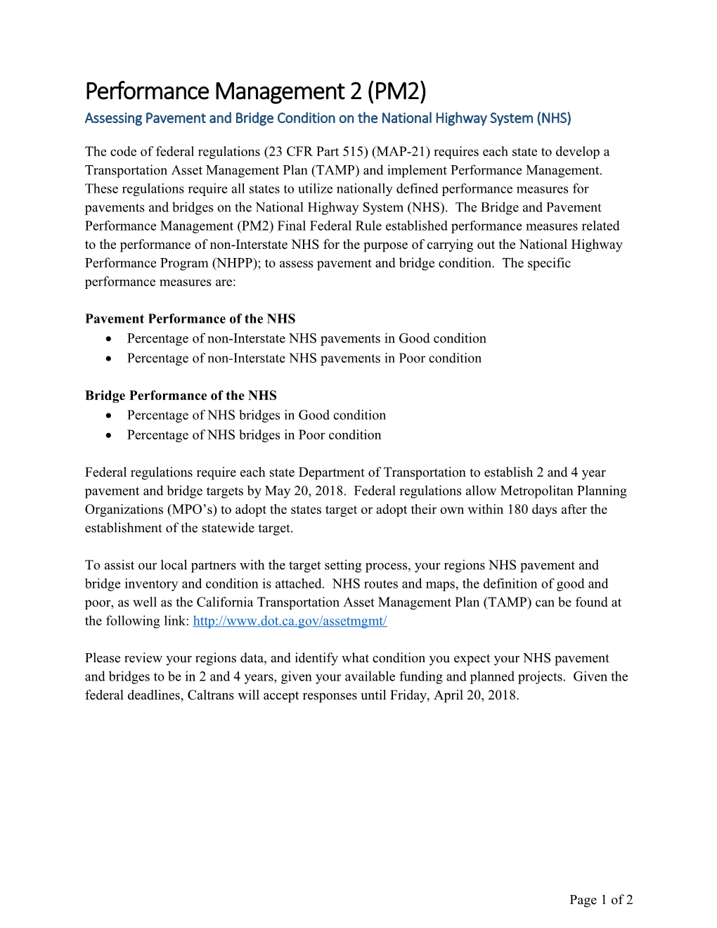 Assessing Pavement and Bridge Condition on the National Highway System (NHS)