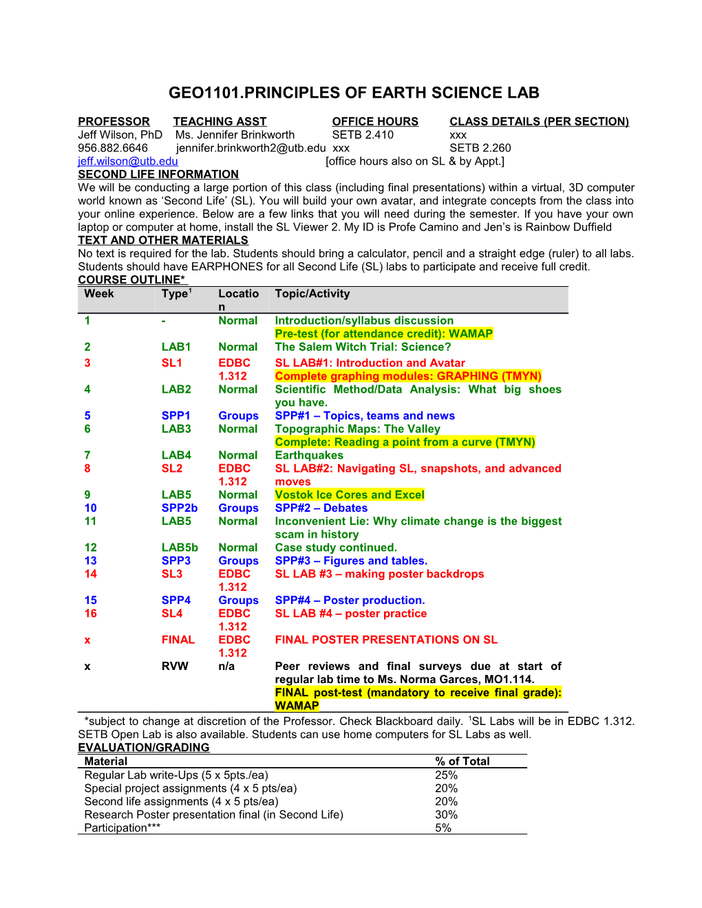 Professor Teaching Asst Office Hours Class Details (Per Section)