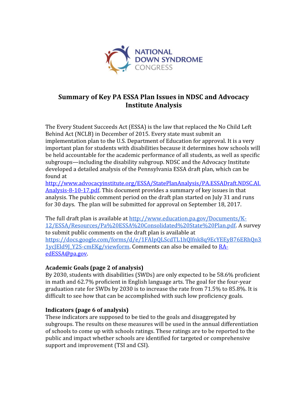 Summary of Key PA ESSA Plan Issues in NDSC and Advocacy Institute Analysis