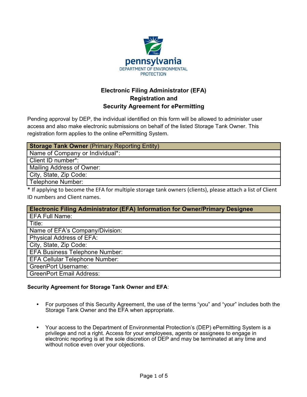 Electronic Filing Administrator (EFA) Registration and Security Agreement for Epermitting