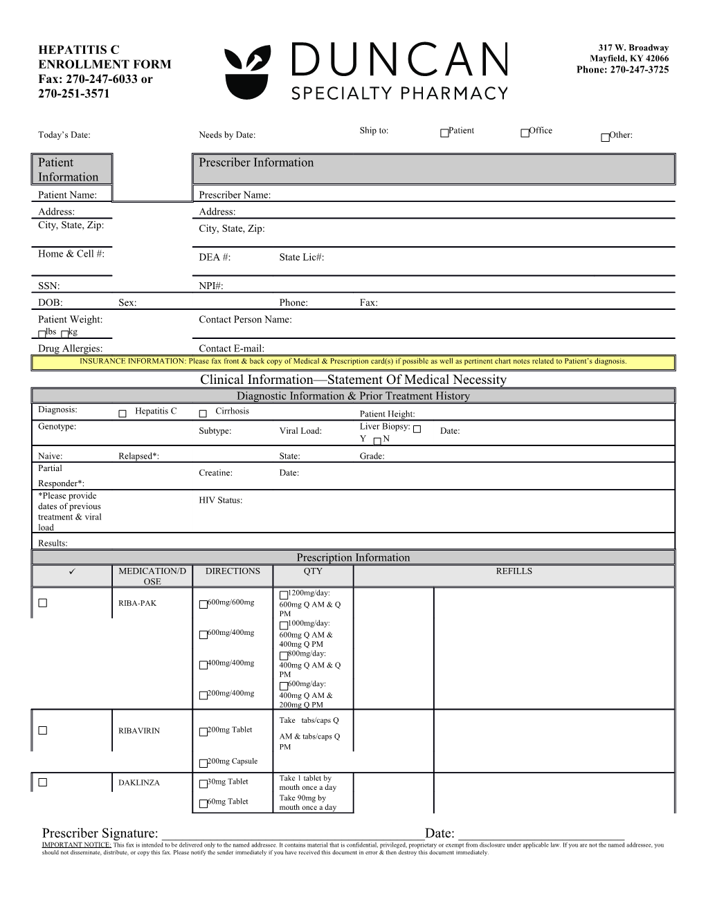 HEPATITIS C ENROLLMENT FORM Fax: 270-247-6033 Or 270-251-3571