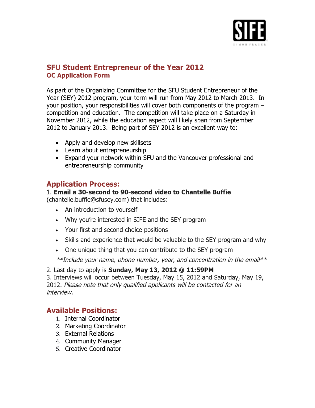 SFU Student Entrepreneur of the Year 2012 OC Application Form