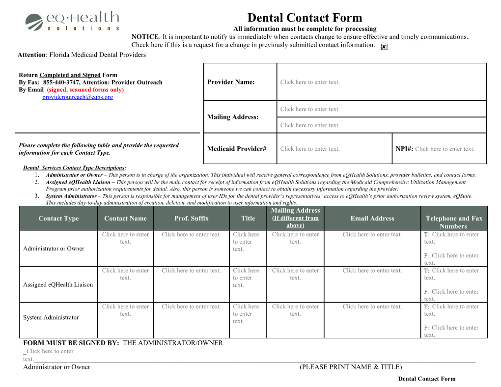 Dental Services Contact Type Descriptions