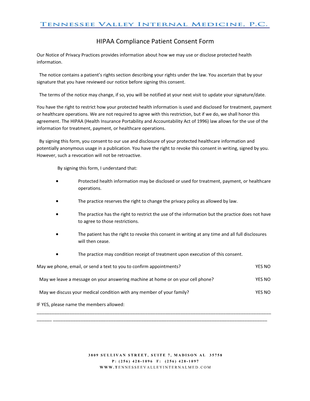 HIPAA Compliance Patient Consent Form