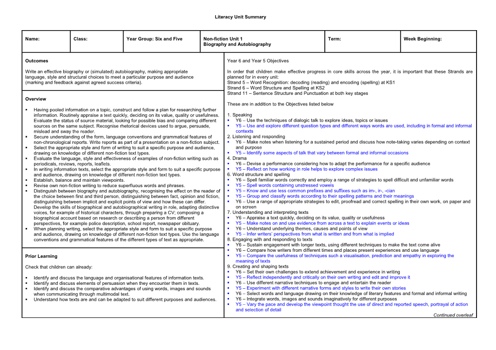 Sherwood Primary School National Literacy Strategy Weekly Teaching Objectives s3