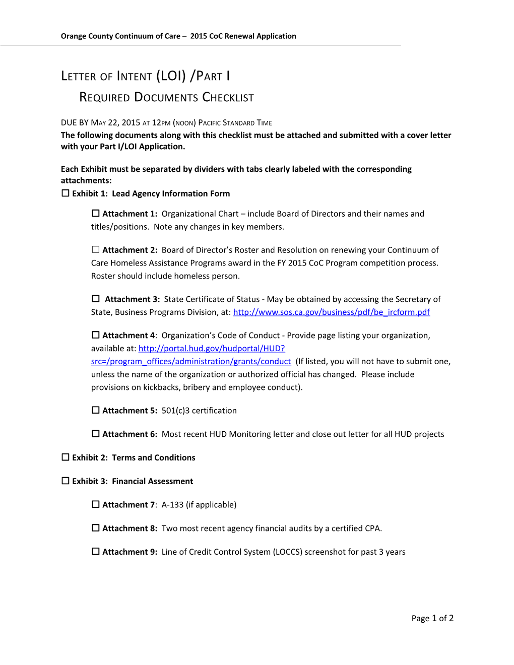 Letter of Intent (LOI)/Part I Required Documents Checklist